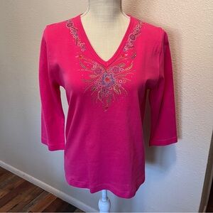 Distinct- Pink Embellished V-Neck Women's Top - Size Small